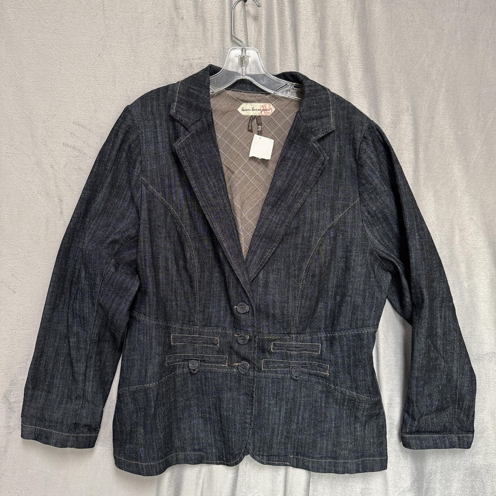 Boom Boom Jeans Jacket Womens 2X‎ Dark Wash Denim 3 Button Blazer Juniors Plus